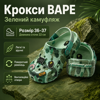 Кроксы Crocs Bape зеленые унисекс 36-37 на стопу 22 см резиновые сабо с ремешком, вентиляционными отверстиями и джибитсами