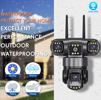 Камера відеоспостереження Wi-Fi V380 Pro 12 МП на 3 лінзи, поворотна IP66, вулична IP камера 360°, нічне бачення до 20 м, датчик руху, двосторонній аудіозв'язок, підтримка microSD 128 ГБ, чорна