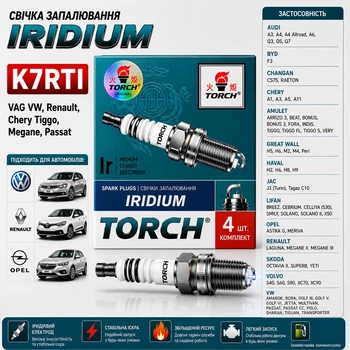 Свеча зажигания IRIDIUM: K7RTI VAG VW, Renault, Chery Tiggo, Megane, Passat "TORCH" (кт. 4 шт.) IK22FTT