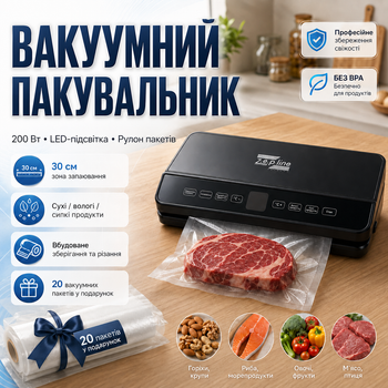 Бытовой вакуумный упаковщик Вакууматор для мяса рыбы овощей и круп 200 Вт Аппарат вакуумной упаковки и подарок 20 вакуумных пакетов