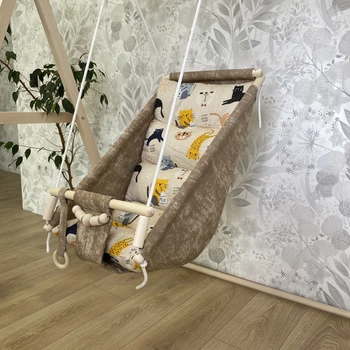 Дитяча гойдалка Бежева 2 в 1 "Коти", гойдалка - колиска для немовлят, гойдалка для хлопчиків та дівчат