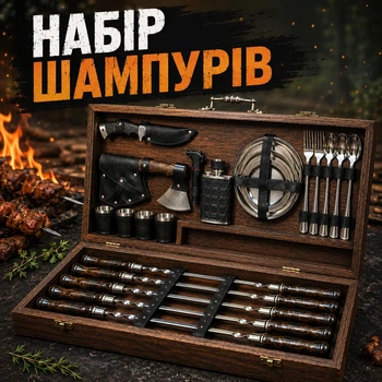 Подарочный набор шампуров в деревянном кейсе с аксессуарами для шашлыка, барбекю и гриля.