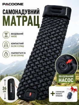 Надувний каремат туристичний матрац в палатку Pacoone килимок матрас для кемпінгу 190 x 60 см з подушкою і вбудованим насосом компактний з чохлом для походів, риболовлі та туризму
