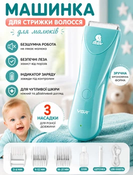 Машинка для стрижки волос детская бесшумная аккумуляторная с керамическим лезвием водонепроницаемая USB зарядка 60 минут работы с насадками