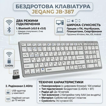 Беспроводная клавиатура Jeqang JB-387 с двумя режимами подключения Bluetooth и 2.4GHz, USB-адаптер в комплекте, совместимость с ПК, ноутбуками, планшетами и смартфонами Grey