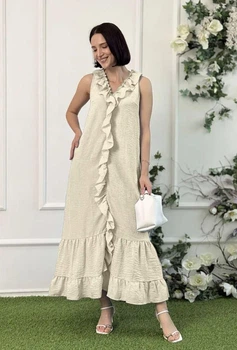 Платье женское летнее Azuri длинное макси с рюшами 2XL/50 Бежевое