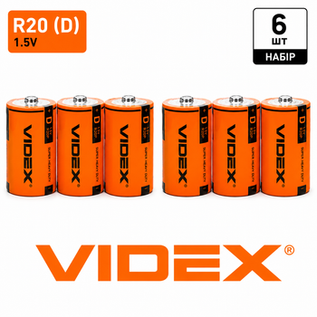 Батарейки Videx R20 (D) 1.5V Super Heavy Duty, набір 6 шт., сольові елементи живлення для ліхтарів, радіоприймачів та побутових