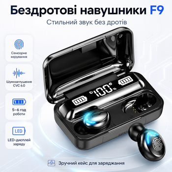 Беспроводные вакуумные Bluetooth-наушники F9 с зарядным кейсом и LED-дисплеем, Черные