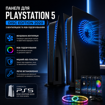 Черные панели (корпус) для PlayStation 5 Disc Edition 2020 с вентиляцией и RGB-подсветкой - защитный корпус ABS