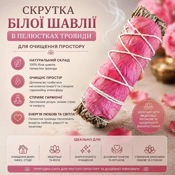 Белый шалфей Скрутка для окуривания с розовыми лепестками розы для энергетических практик 40 грамм