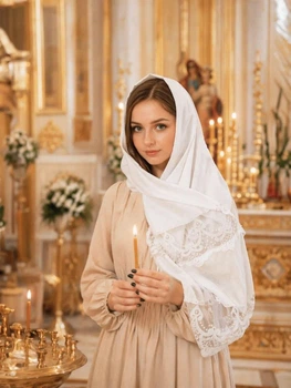 Женский шарф для храма Family Tradition шёлк с кружевом 170х50 см белый Милота