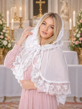 Женская накидка-палантин в храм Family Tradition шифон с кружевом 50 см белая Нежный цветок