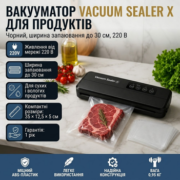 Вакууматор Vacuum Sealer X для продуктов, ширина запайки до 30 см, 220 В, черный