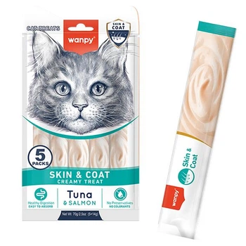 Жидкое лакомство для кошек Wanpy Functional Creamy Lickable Treat Skin&Coat для здоровья кожи и блеска шерсти, тунец/лосось (6927749871743)