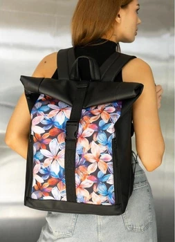 Жіночий міський рюкзак RollTop Sambag One Flowers для ноутбука до 16–17 дюймів з екошкіри, чорний з квітковим принтом 60566