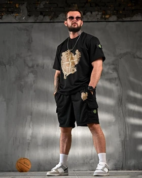 Чоловічий літній костюм Stone Island шорти+футболка 3XL чорний (96015)