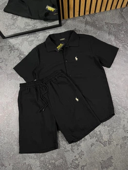 Мужской льняной костюм Polo Ralph Loren шорты+рубашка S черный (RL0011)