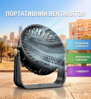 Портативний акумуляторний міні-вентилятор 2 в 1 (настільний та настінний) від USB, 3 швидкості, 5 Вт Чорний