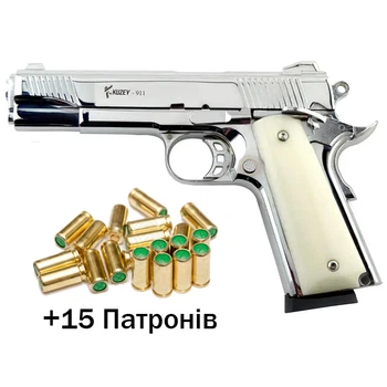 Стартовый пистолет Kuzey 911 SX shiny chrome, белые ручки, с доп. магазином (Colt 1911)+Патроны