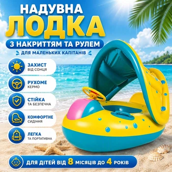 Дитячий Надувний Човен-Круг з Регульованим Накриттям UrbanKit Синьо-Жовтий (UD5464)