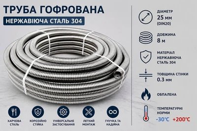 Труба гофрована з нержавіючої сталі 304 DN20 (25 мм) 8 м відпалена | Товщина 0,3 мм | -30°C до +200°C