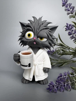 Кот с кофе в халате, 3D-фигурка, Подарок любителям кофе