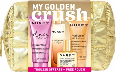 Zestaw kosmetyków do pielęgnacji Nuxe Prodigieux My Golden Crush Szampon 30 ml + Olejek pod prysznic 30 ml + Olejek Wielofunkcyjny 10 ml + Perfumy 15 ml + Kosmetyczka (3264680046865)