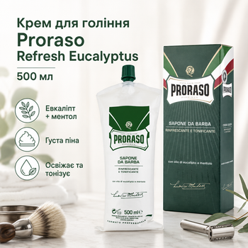 Крем для бритья Proraso Shaving Cream Tube Refresh Eucalyptus 500 мл с эвкалиптом и ментолом, профессиональное освежающее средство