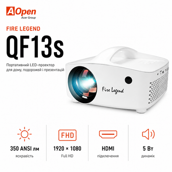 Проектор AOpen Fire Legend QF13s LCD FHD 6500 лм HDMI micro SD White (MR.P0711.001)