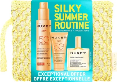 Zestaw kosmetyków do ochrony przeciwsłonecznej Nuxe Sun Silky Summer Routine Krem do twarzy SPF50+ 50 ml + Spray SPF50 do twarzy i ciała 150 ml + Olejek 50 ml + Kosmetyczka (3264680046766)