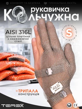 Профессиональная кольчужная трёхпалая перчатка Terex для разделки мяса, рыбы и устриц, цельное плетение колец из нержавеющей стали, размер S