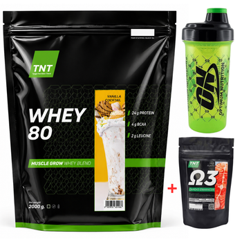 Протеин TNT Nutrition 80% 2 кг + Шейкер + Омега-3 в подарок (Ванильный коктейль)
