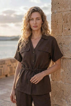 Льняная рубашка с кулиской XXL-3XL. Шоколад