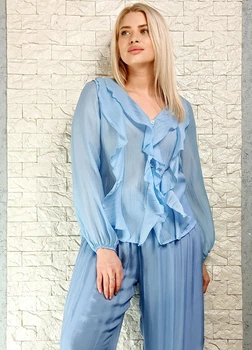 Блуза з ліоцелу декорована воланами блакитна New Collection 17-323 - S-L - блакитний
