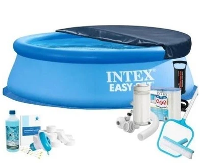 Бассейн надувной MaxPro Intex 28110-10в1 синий 244 х 76 см круглый из ПВХ на 2419 л с подстилкой насосом фильтром 2006 л/ч картриджами альгениксом хлором в таблетках сачком щеткой и тентом (9-163-28110-10 MaxPro)