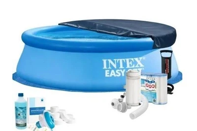Бассейн надувной Max Intex 28110-8в1 синий 244 х 76 см круглый с ПВХ на 2419 л с подстилкой насосом фильтром 2006 л/ч альгениксом хлором в таблетках и тентом (9-163-28110-8 Max)