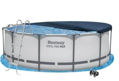 Каркасный бассейн Bestway 56420-4в1 серый круглый из ПВХ и стали на 10250 л с подстилкой стремянкой и тентом 366х122 см (9-163-56420-4 BW)