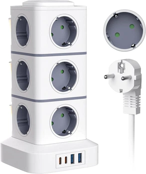 Удлинитель 16 в 1 10A VIYSPNV, электрический удлинитель, 3 метра, с 2 USB A и 2 USB C розетками, защитой от перенапряжения и 3 независимыми выключателями. Белый