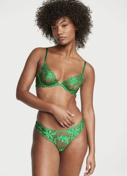 Комплект Victoria's Secret Green Unlined Floral Embroidered Verdant Demi Bra,Trong panty,Бюстгальтер +Трусики ,зелений,34C-S