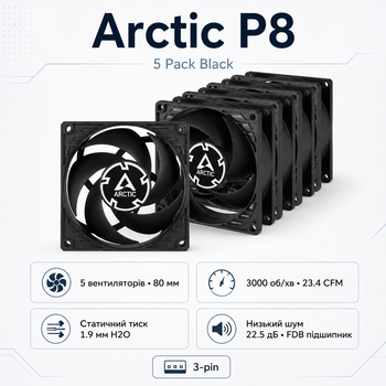 Вентилятор для корпусу Arctic P8 80 мм 3000 об/хв 5 Pack Black (ACFAN00153A)