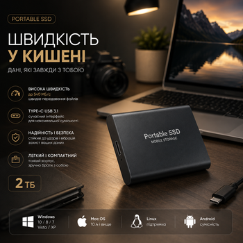 Внешний жесткий диск Портативный SSD 2TB USB 3.1 Type-C, противоударный алюминиевый накопитель черный