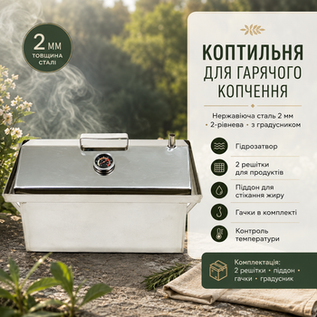 Коптильня горячего копчения из нержавеющей стали 2 мм с гидрозатвором и градусником 50х30х33 см