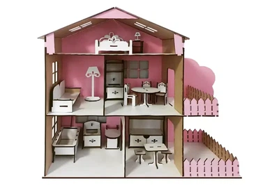 Деревянный кукольный домик TREE HOUSE с мансардой розовый