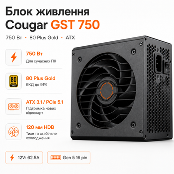 Блок питания Cougar GST 750 ATX 750W 80 Plus Gold вентилятор 120 мм Black