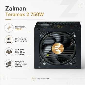 Блок живлення Zalman Teramax 2 750W ATX 80 Plus Gold вентилятор 120 мм Black (ZM750-TMX2)