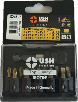 Набор бит USH Isotin 1/4" PH1 PH2 PZ1 PZ2 SL4.5 SL6.5 с магнитным держателем 12 предметов U0007100