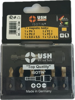 Набор бит USH Isotin 1/4" PH1 PH2 PZ1 PZ2 SL5.5 SL6.5 с магнитным держателем 7 предметов U0006100