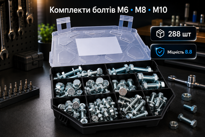 Органайзер для інструментів 288 шт у наборі болти М6 М8 М10 + гайки + шайби комплект міцність 8,8 DIN 933 підходить для авторемонту машинобудування гаража дома квартири кейс пластиковий на подарунок чоловікам