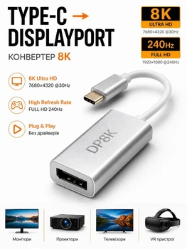 Адаптер преобразователь конвертер Type-C - DisplayPort 8K Alumframe
