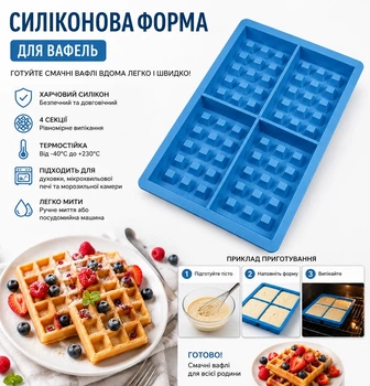 Силіконова форма для вафель 4 секції форма для випічки вафель, печива та десертів термостійка багаторазова 26*18 см